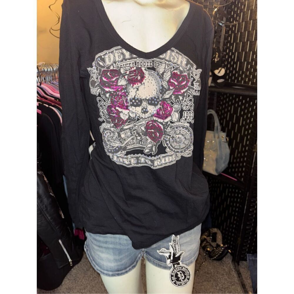 Live To Ride Liberty Wear Slashed Foil and Rhinestone Top